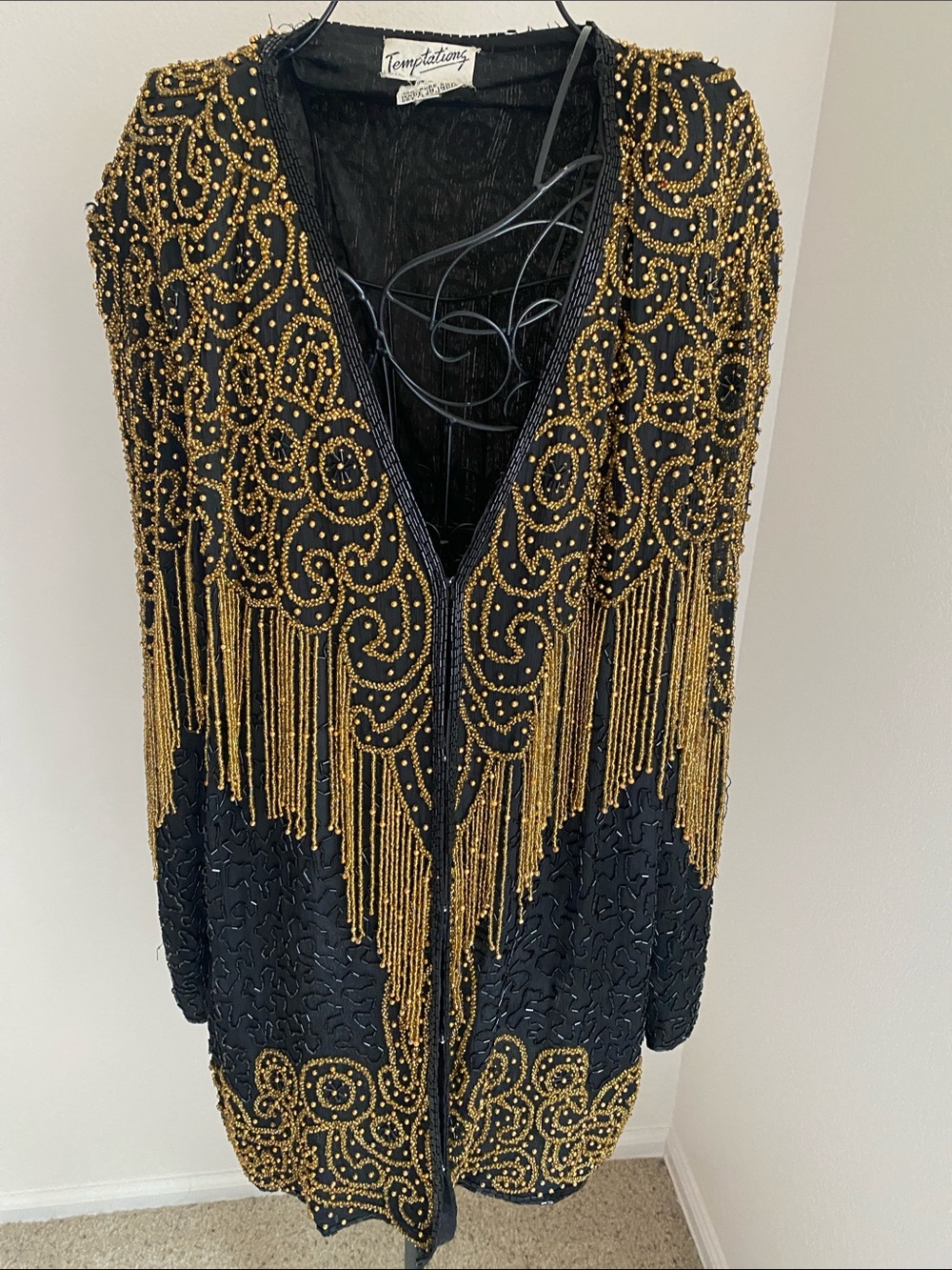 Vintage 1980s Temptations Black Silk Jacket with Gold Beaded Fringe